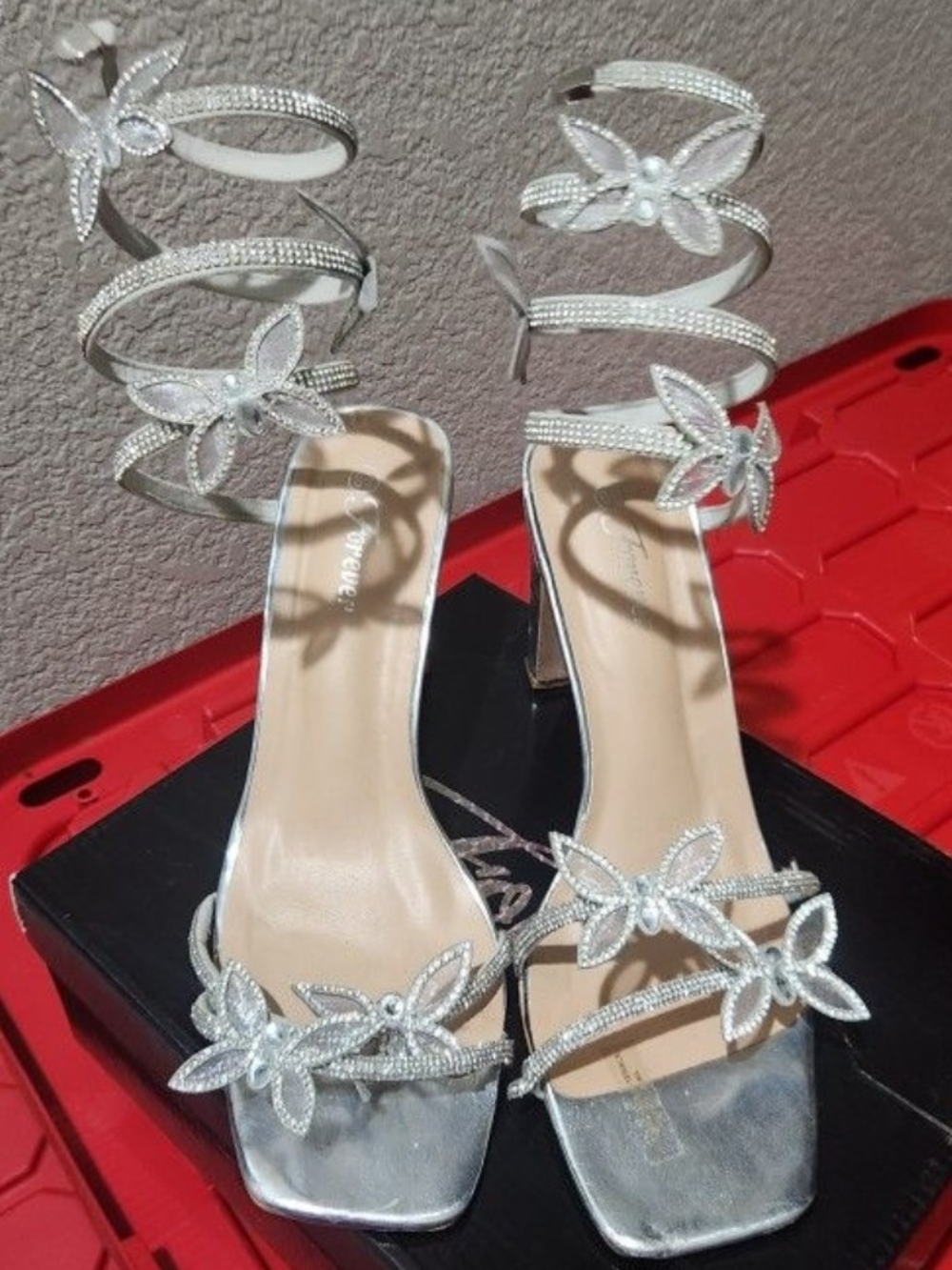 Silver Embellished Spiral-Strap Heels